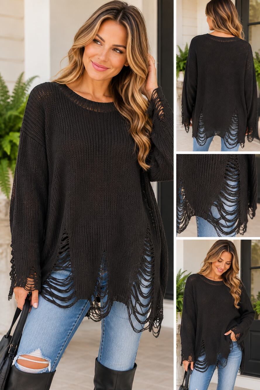ROMWE Distressed Oversized Black Knit Sweater — Size S
